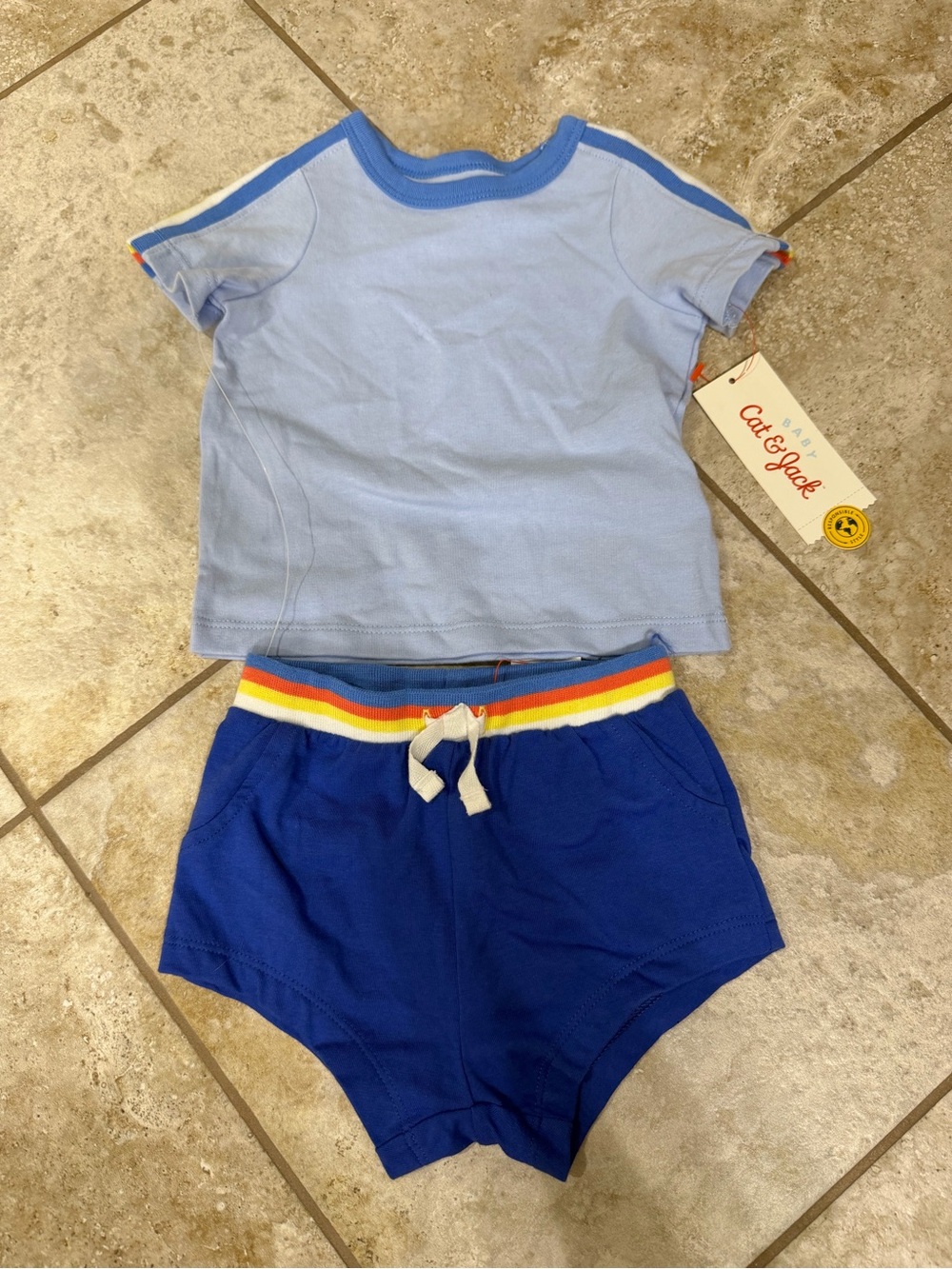 Cat & Jack Light Blue Tee with Royal Blue Shorts and Rainbow Waistband